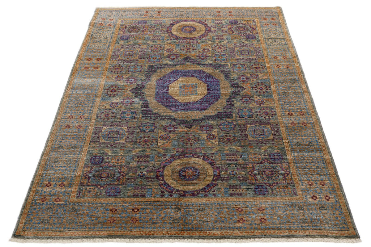 4x6 Gray and Blue Turkish Tribal Rug