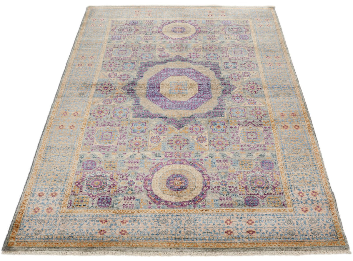 4x6 Gray and Blue Turkish Tribal Rug