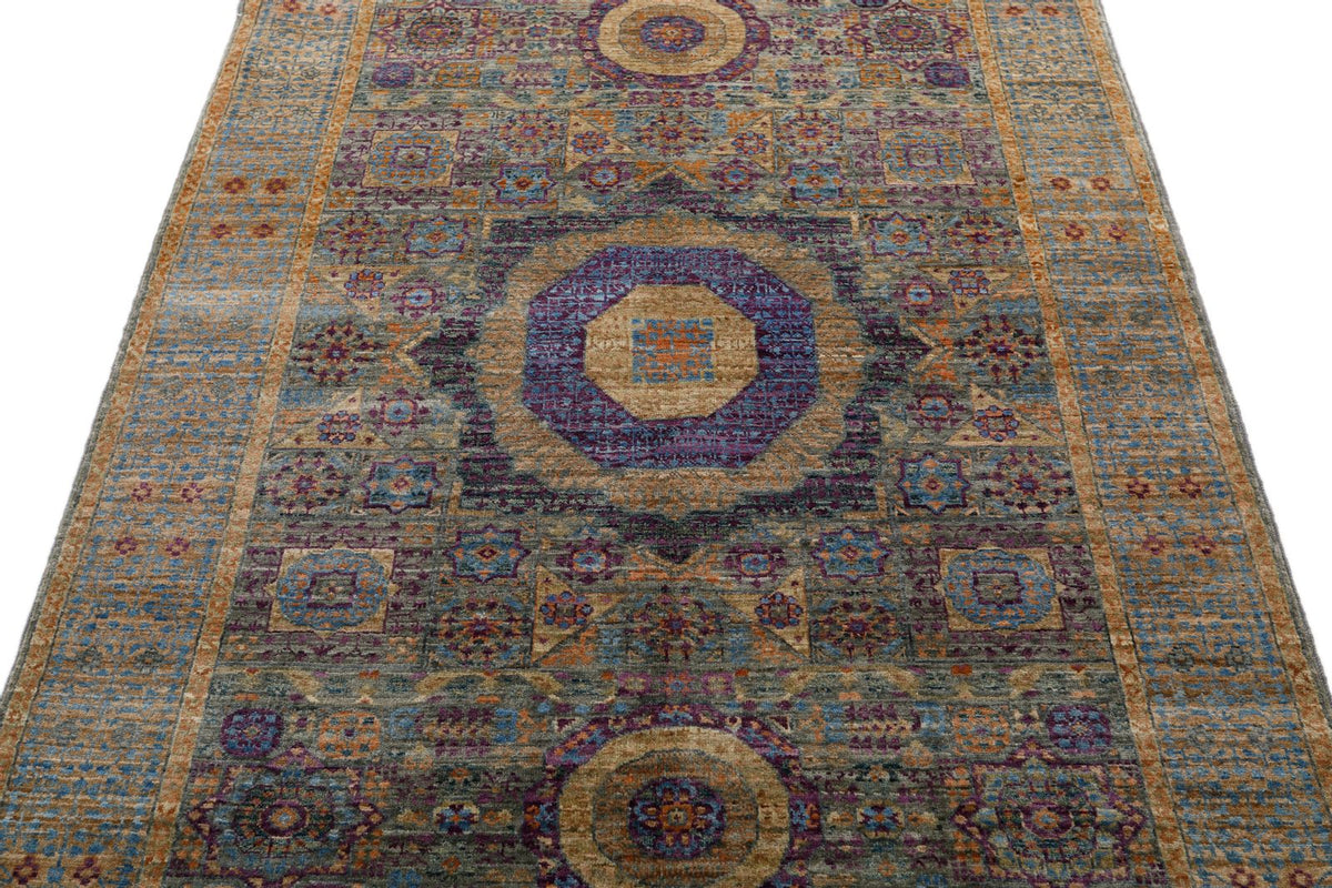 4x6 Gray and Blue Turkish Tribal Rug