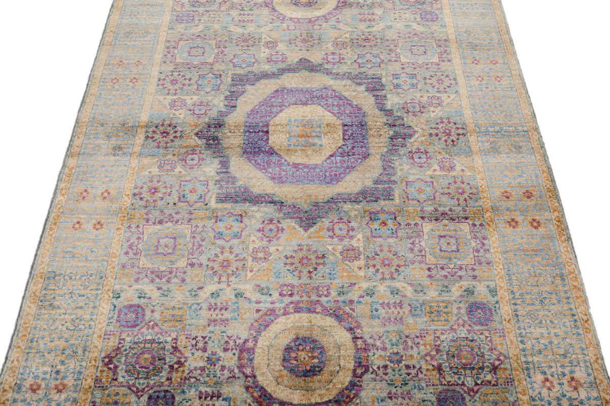 4x6 Gray and Blue Turkish Tribal Rug