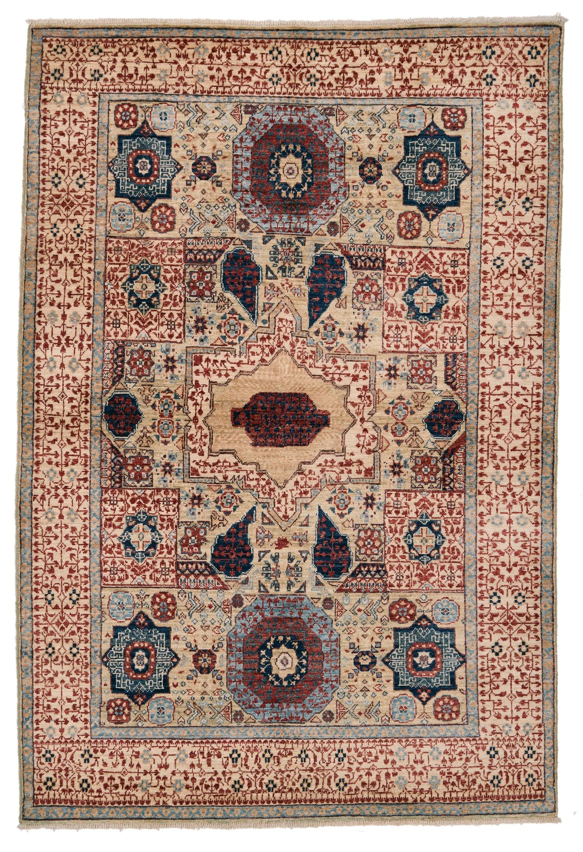 4x6 Ivory and Multicolor Turkish Tribal Rug