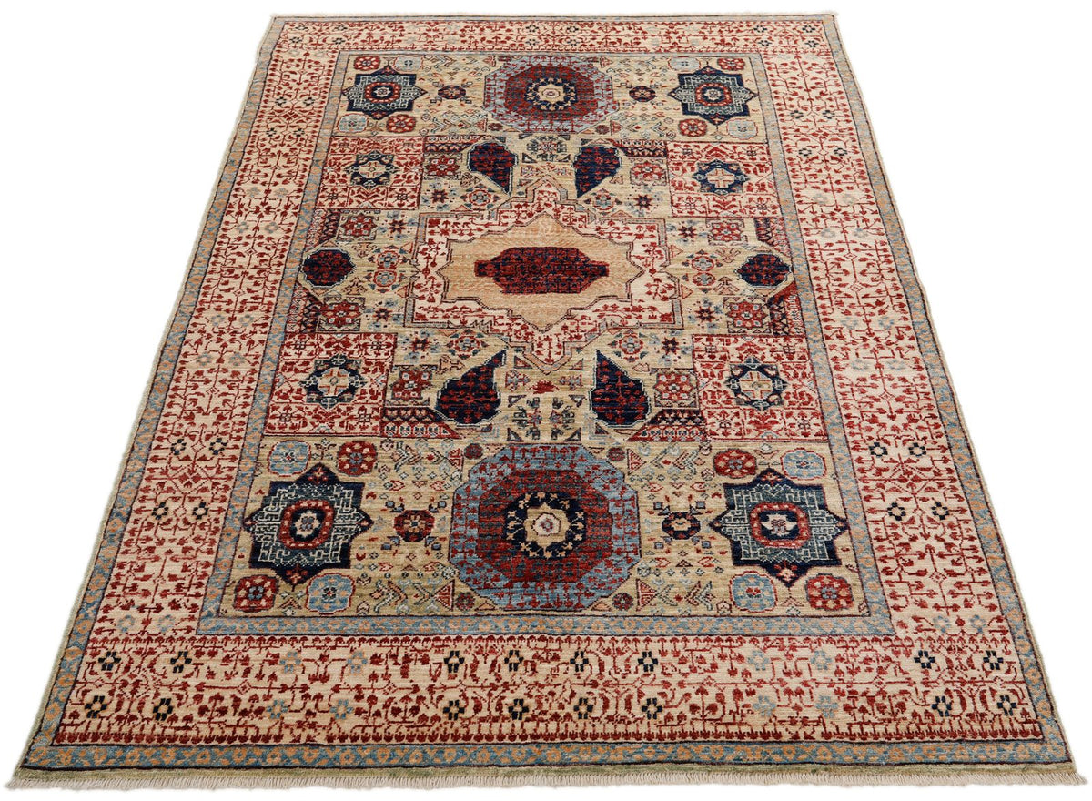 4x6 Ivory and Multicolor Turkish Tribal Rug