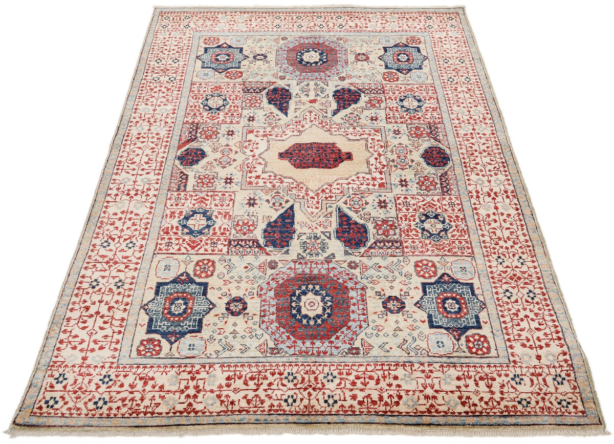 4x6 Ivory and Multicolor Turkish Tribal Rug