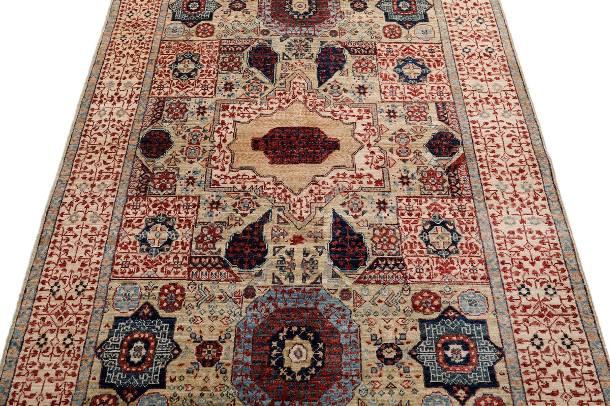 4x6 Ivory and Multicolor Turkish Tribal Rug