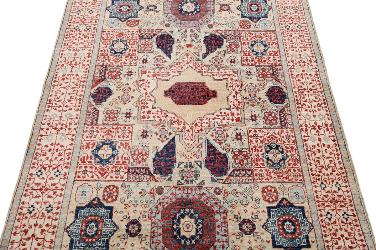 4x6 Ivory and Multicolor Turkish Tribal Rug