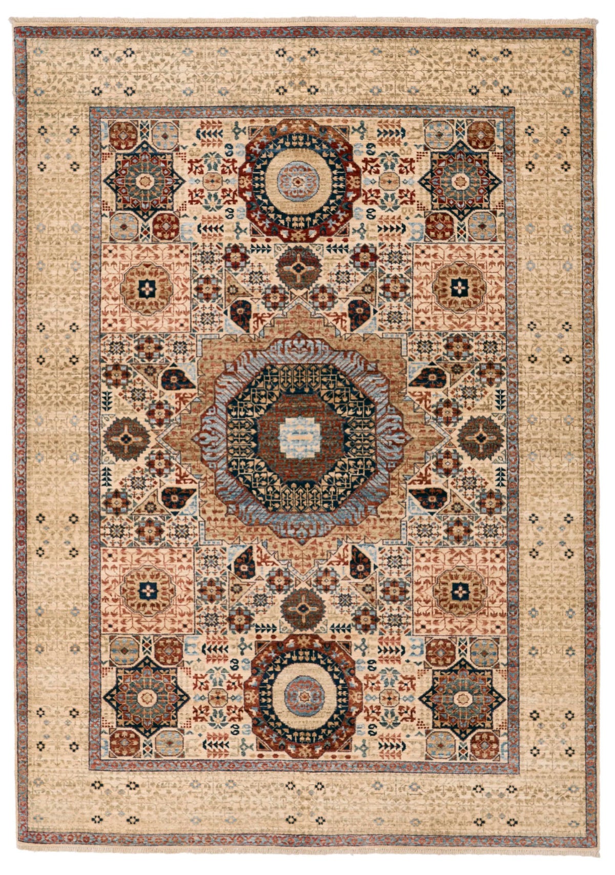5x7 Ivory and Multicolor Turkish Tribal Rug