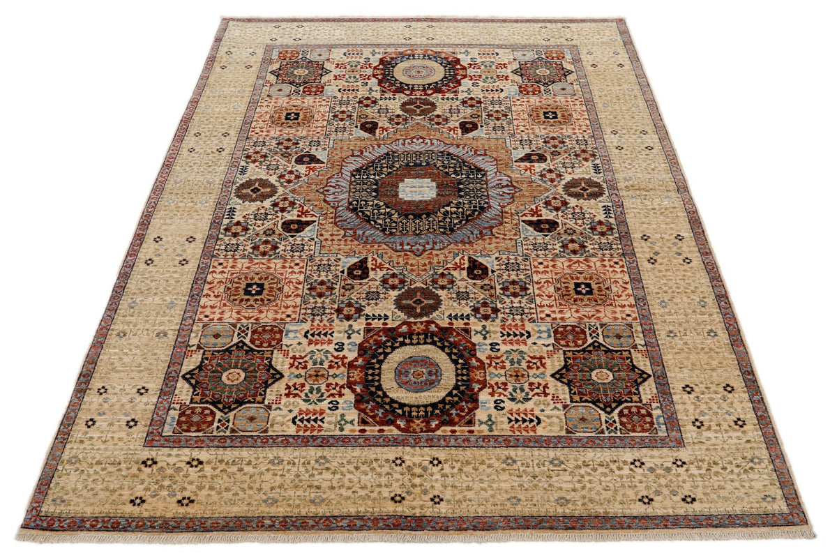 5x7 Ivory and Multicolor Turkish Tribal Rug