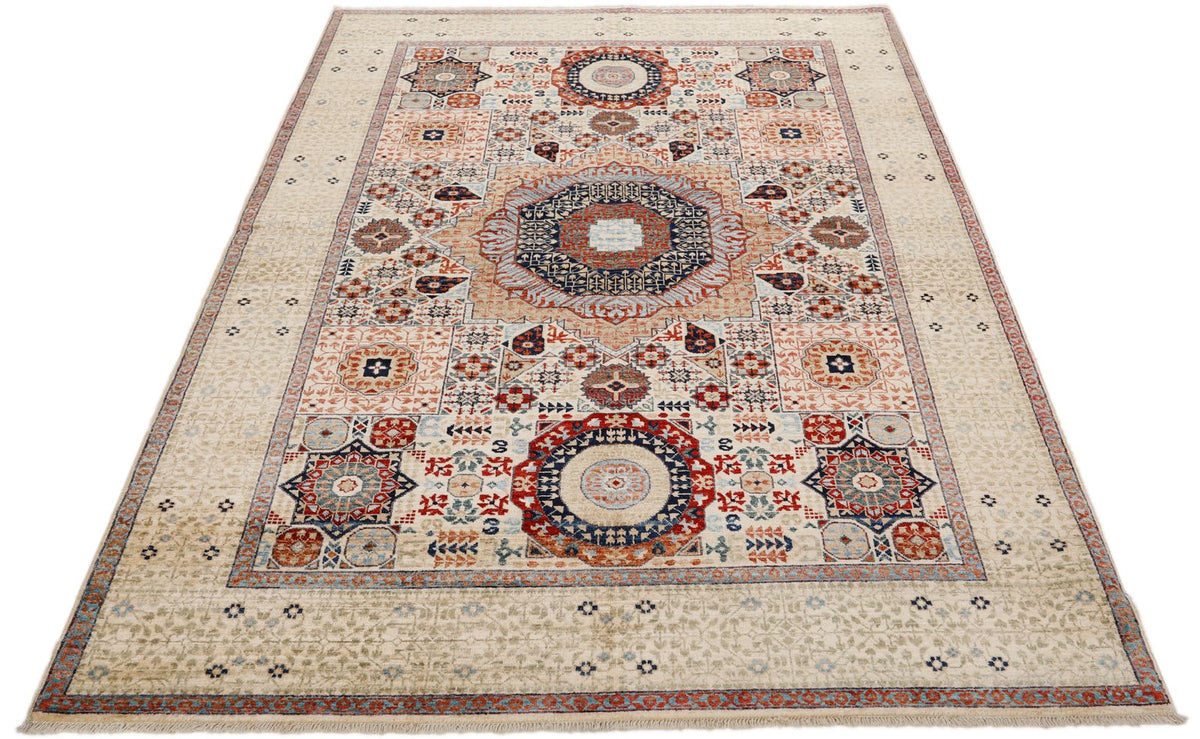 5x7 Ivory and Multicolor Turkish Tribal Rug