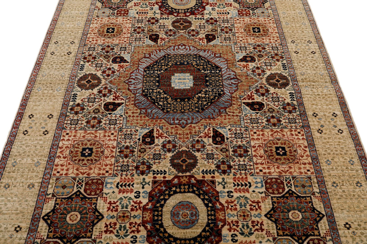 5x7 Ivory and Multicolor Turkish Tribal Rug