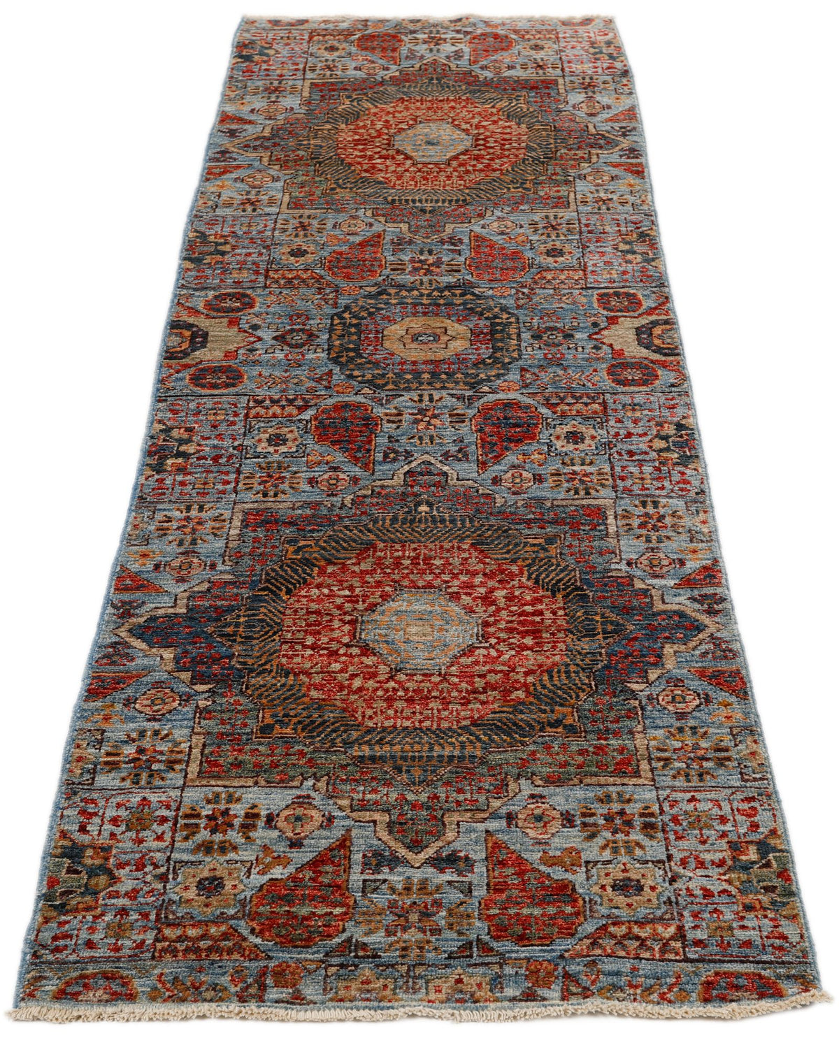 3x8 Light Blue and Multicolor Turkish Tribal Runner