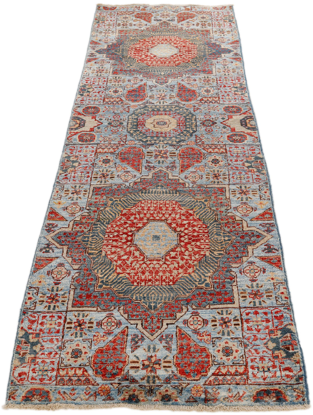3x8 Light Blue and Multicolor Turkish Tribal Runner
