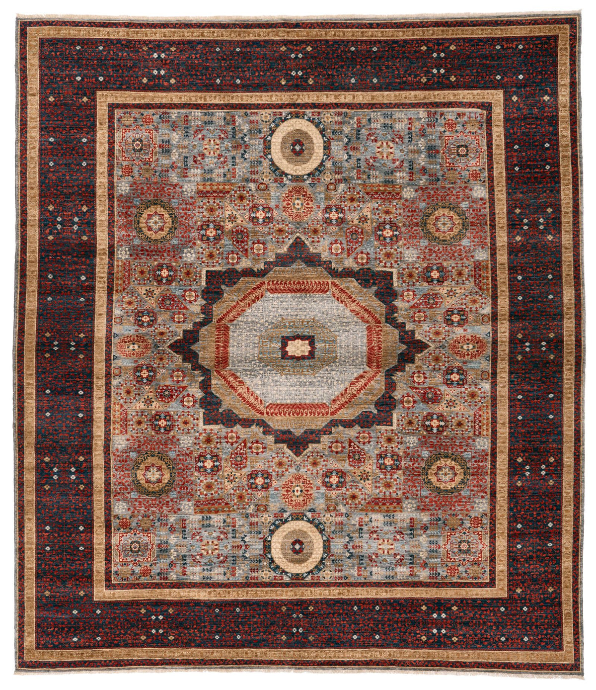 8x9 Light Gray and Multicolor Turkish Tribal Rug