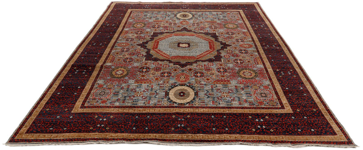 8x9 Light Gray and Multicolor Turkish Tribal Rug