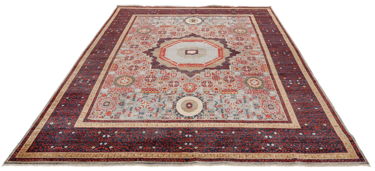 8x9 Light Gray and Multicolor Turkish Tribal Rug