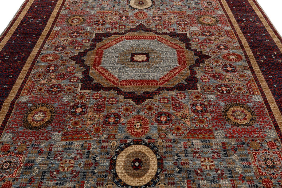 8x9 Light Gray and Multicolor Turkish Tribal Rug