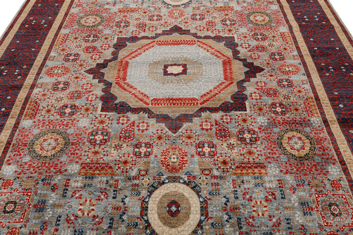 8x9 Light Gray and Multicolor Turkish Tribal Rug