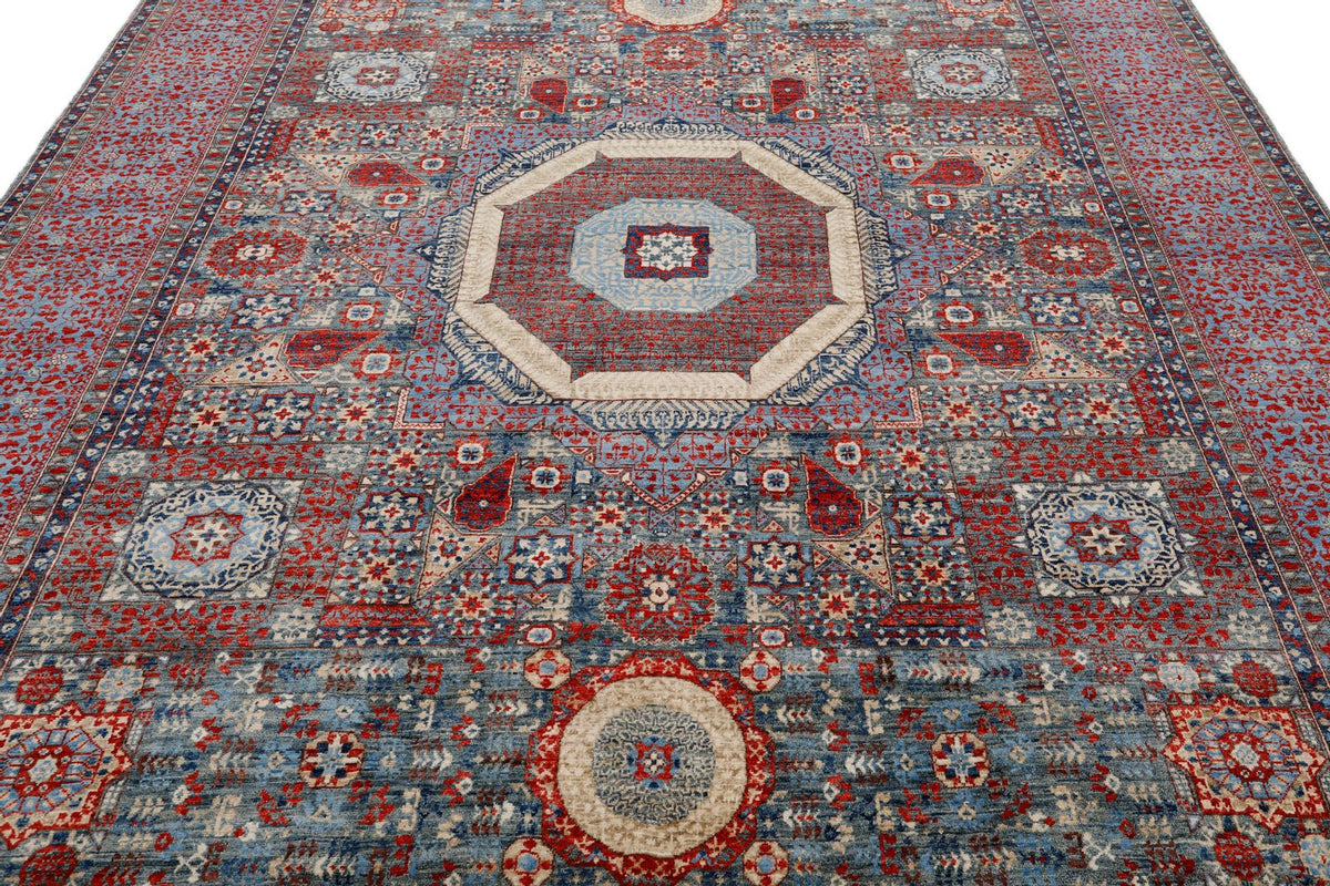 8x10 Blue and Red Turkish Tribal Rug