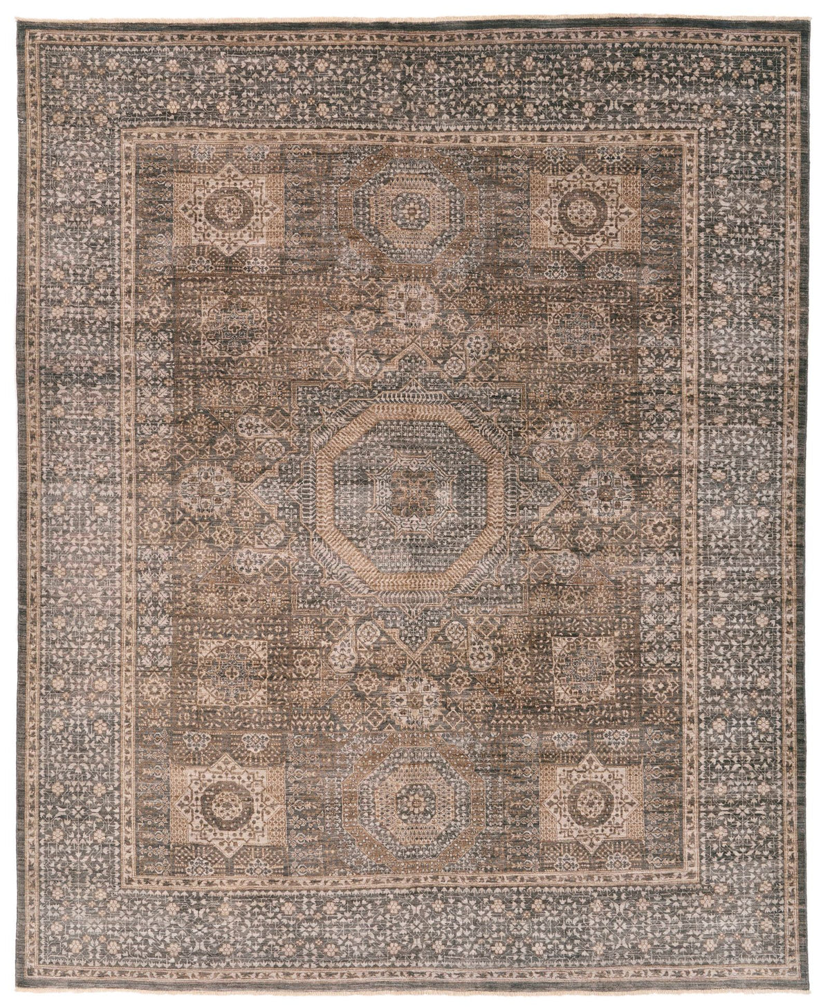 8x9 Light Brown and Light Gray Turkish Tribal Rug