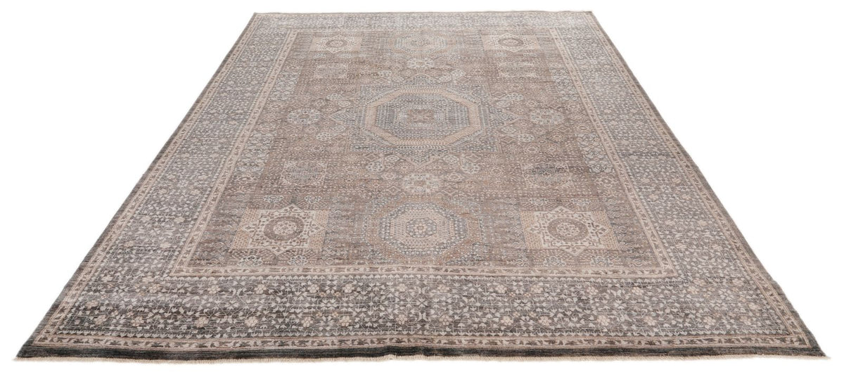 8x9 Light Brown and Light Gray Turkish Tribal Rug