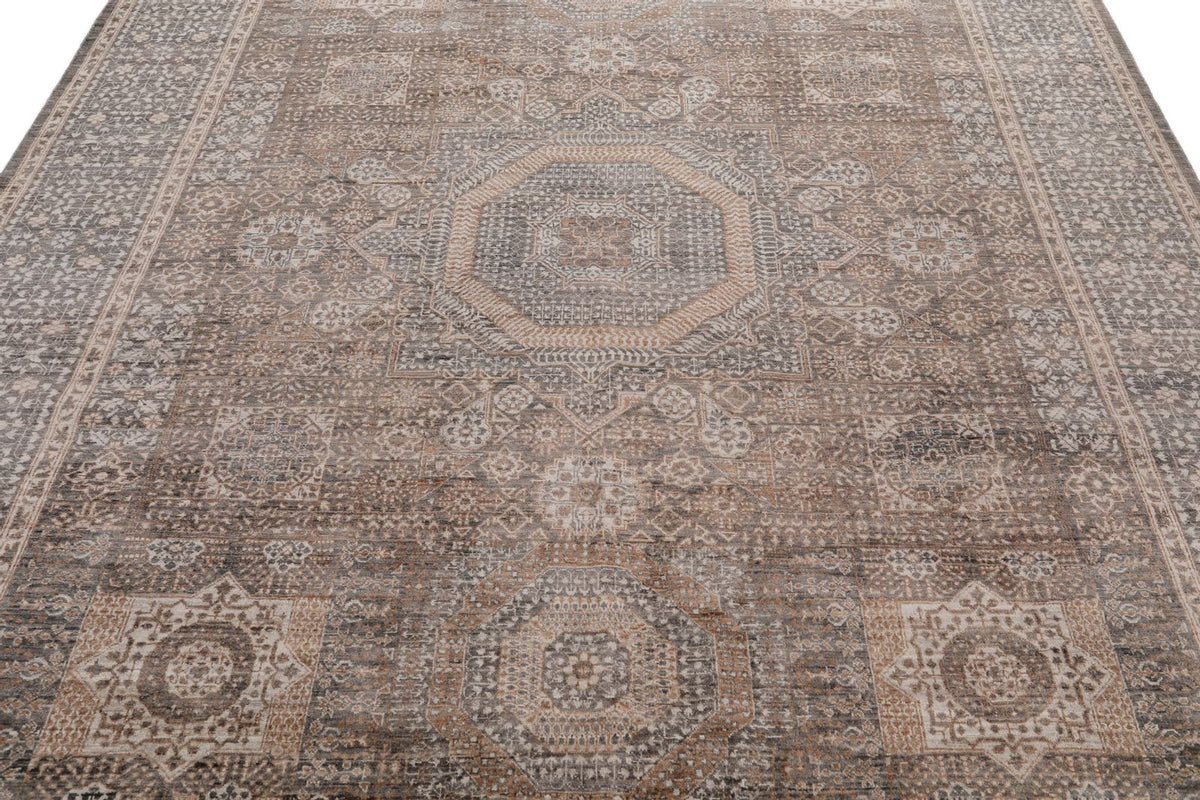 8x9 Light Brown and Light Gray Turkish Tribal Rug
