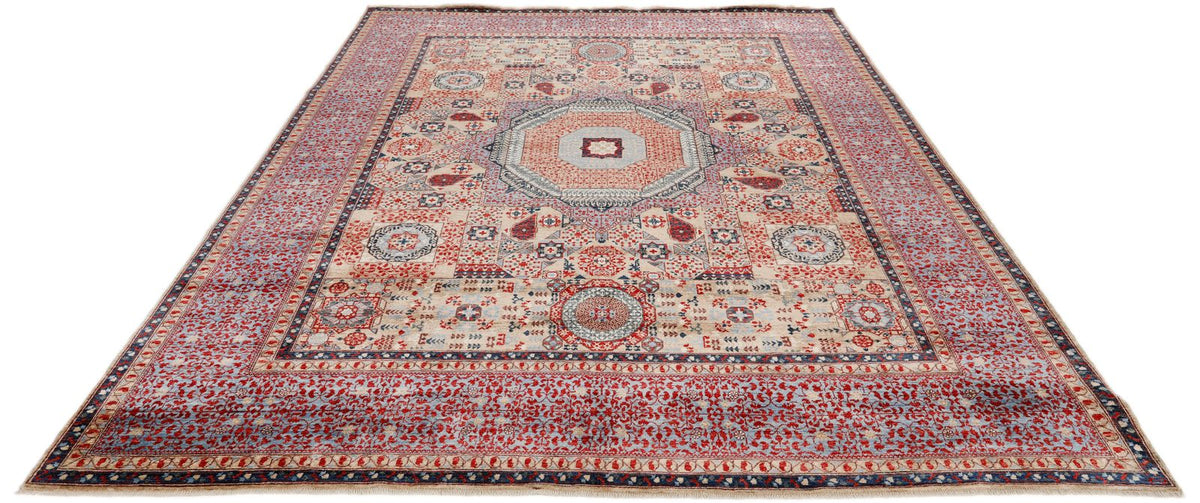 8x10 Light Camel and Light Blue Turkish Tribal Rug