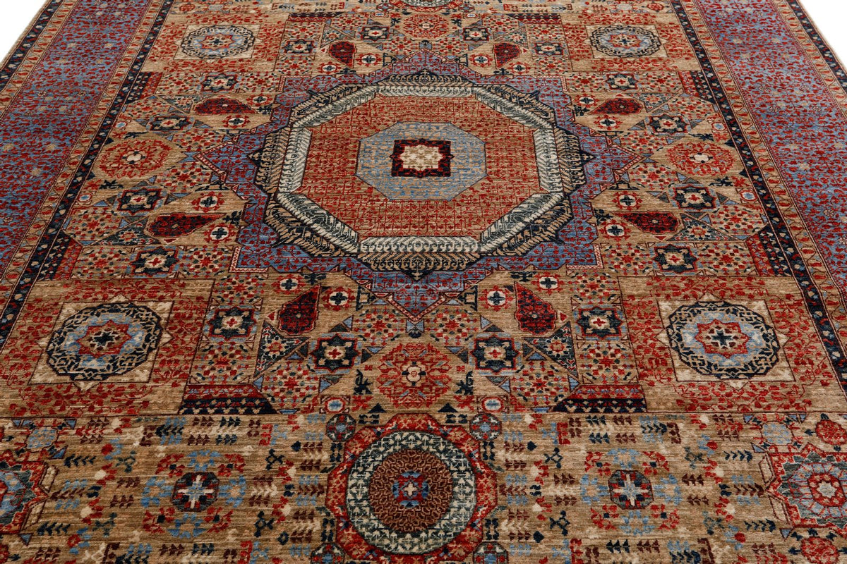 8x10 Light Camel and Light Blue Turkish Tribal Rug
