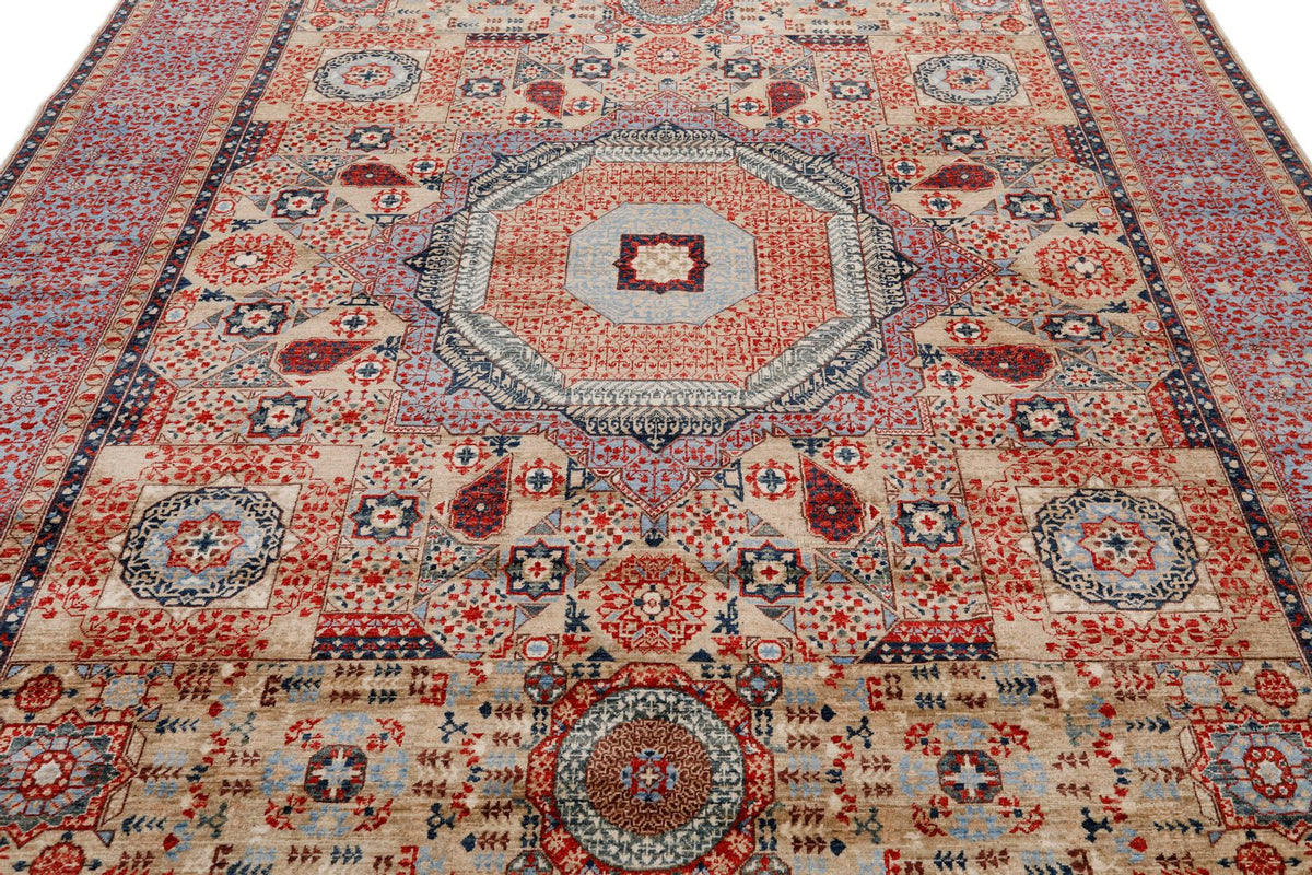 8x10 Light Camel and Light Blue Turkish Tribal Rug