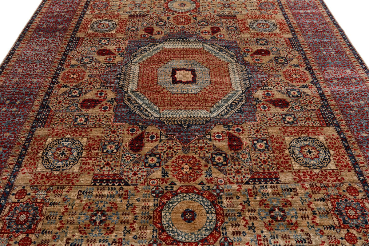 8x10 Light Camel and Light Blue Turkish Tribal Rug