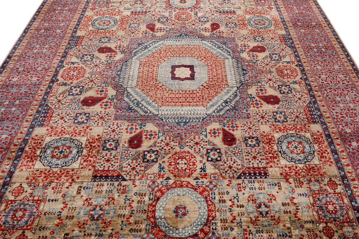 8x10 Light Camel and Light Blue Turkish Tribal Rug