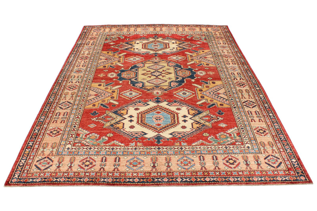 6x8 Red and Peach Kazak Tribal Rug