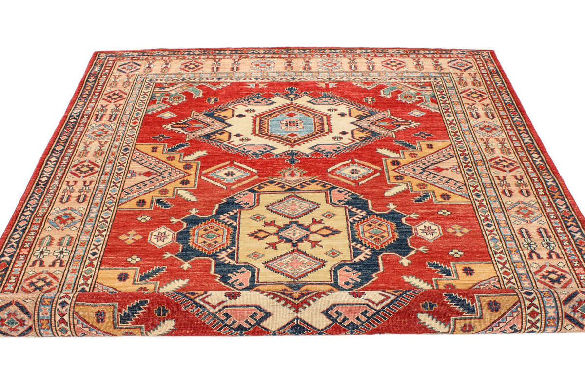 6x8 Red and Peach Kazak Tribal Rug