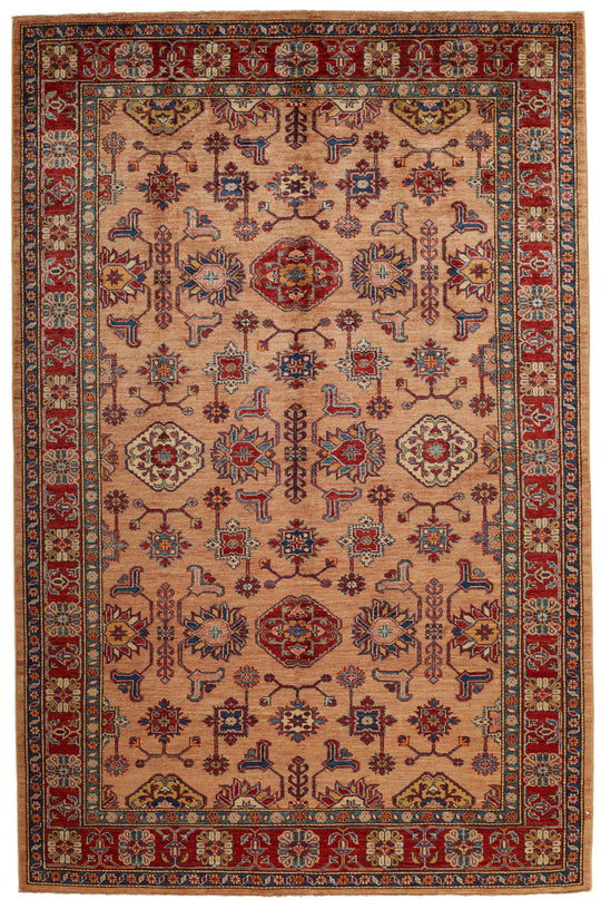 6x9 Peach and Red Kazak Tribal Rug