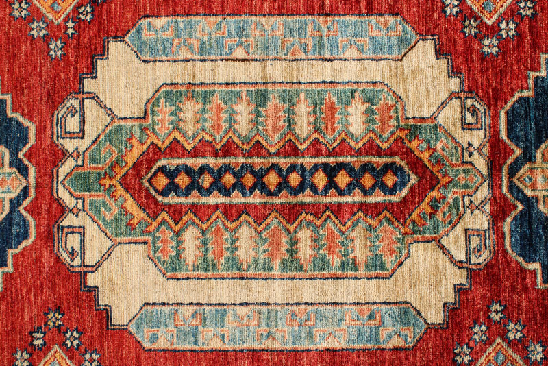 6x9 Ivory and Red Kazak Tribal Rug