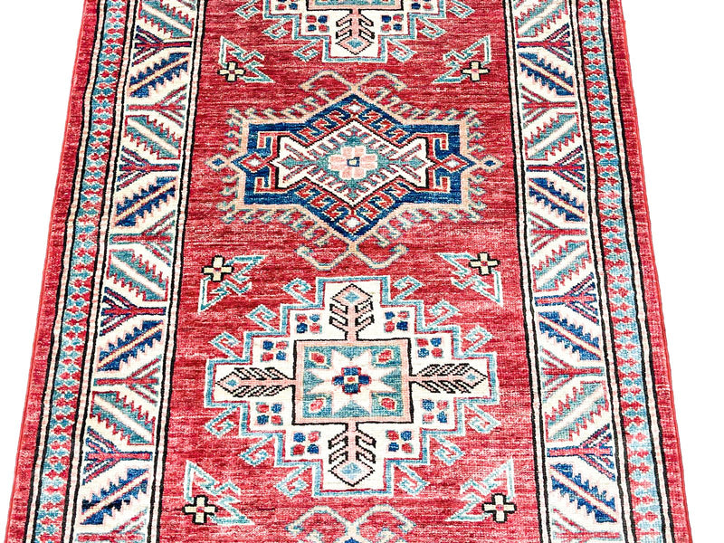 3x8 Red and Ivory Kazak Tribal Rug