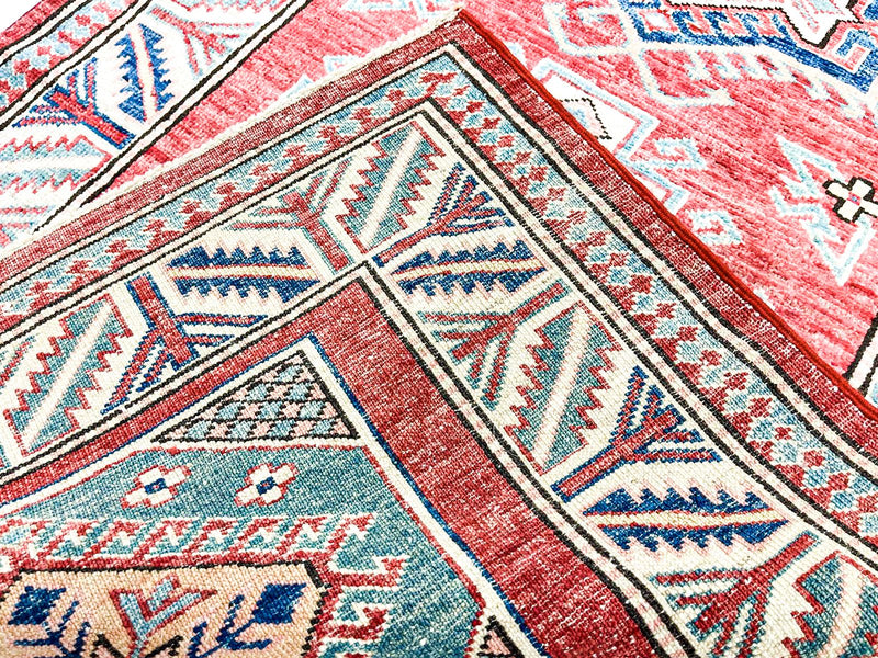 3x8 Red and Ivory Kazak Tribal Rug