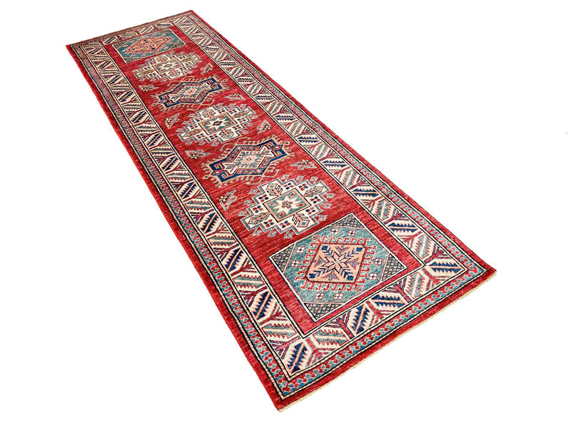 3x8 Red and Ivory Kazak Tribal Rug