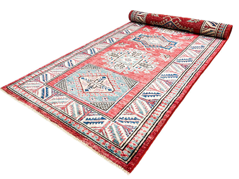 3x8 Red and Ivory Kazak Tribal Rug