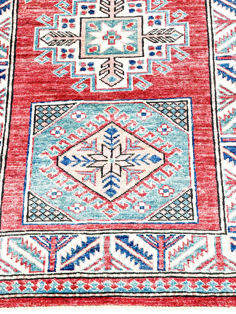 3x8 Red and Ivory Kazak Tribal Rug