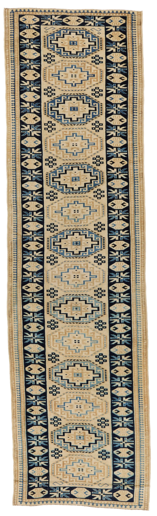 3x12 Off White and Blue Turkish Milas Runner
