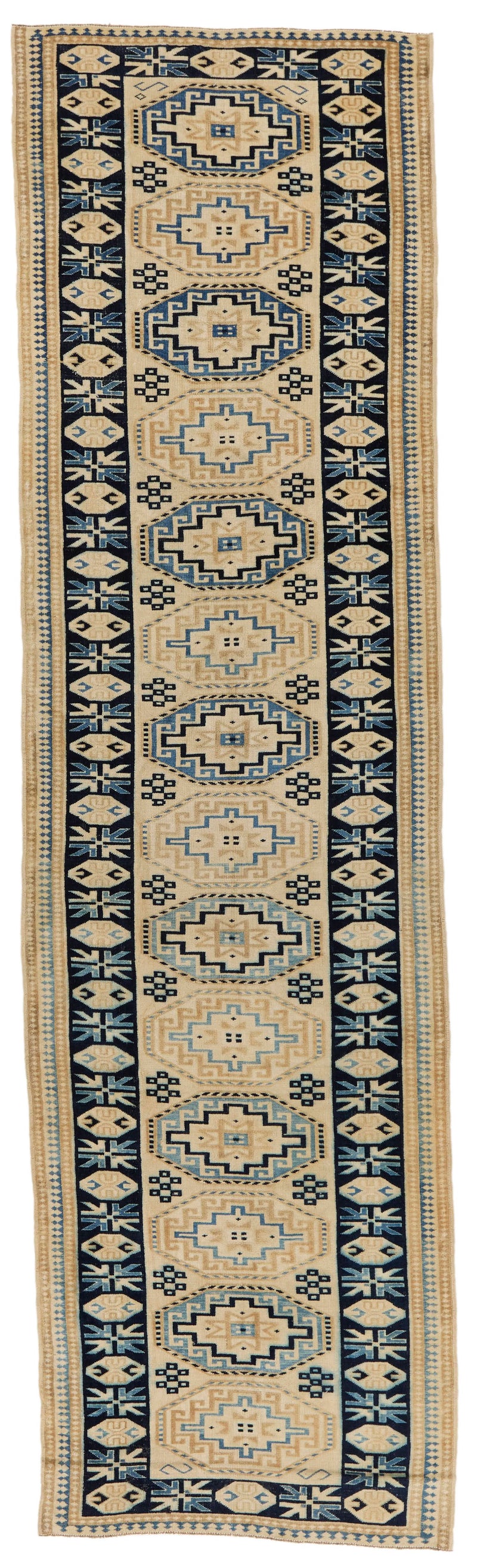 3x12 Off White and Blue Turkish Milas Runner