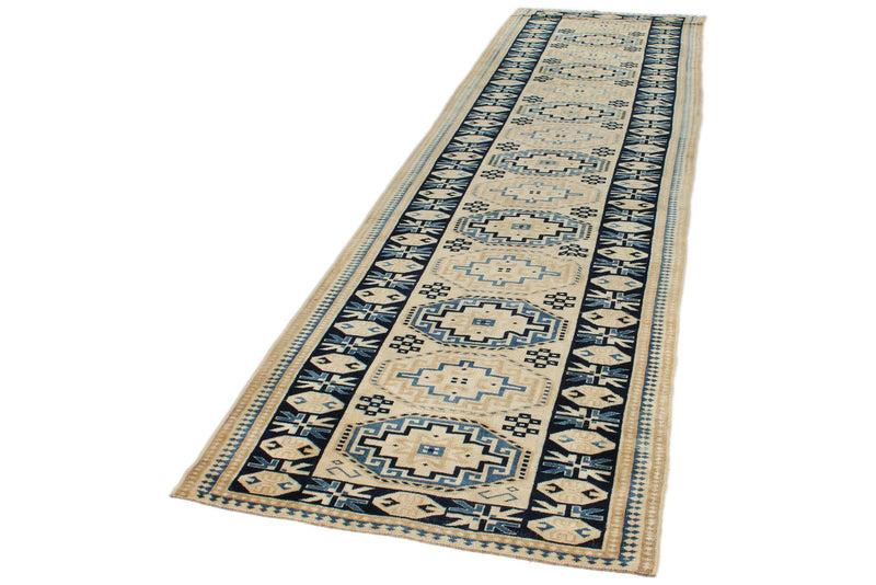 3x12 Off White and Blue Turkish Milas Runner