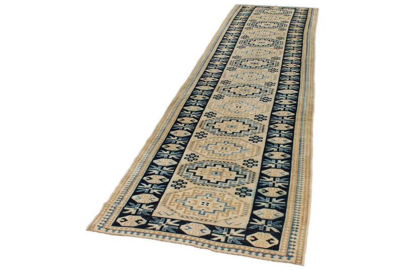 3x12 Off White and Blue Turkish Milas Runner