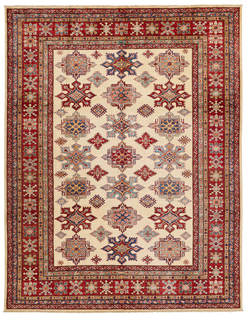 8x10 Ivory and Red Kazak Tribal Rug