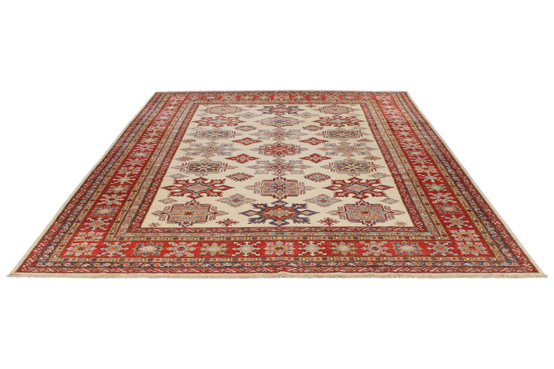 8x10 Ivory and Red Kazak Tribal Rug