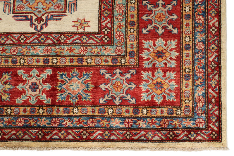 8x10 Ivory and Red Kazak Tribal Rug