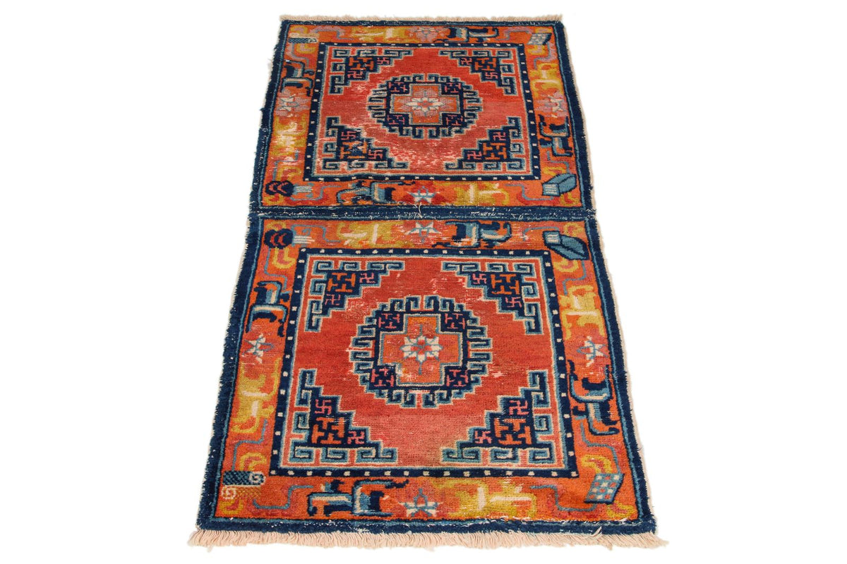 2x4 Rust and Blue Anatolian Tribal Rug