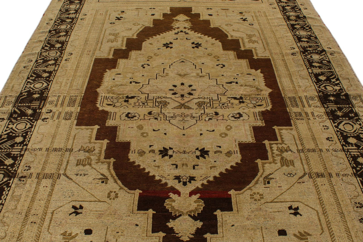 7x12 Ivory and Brown Turkish Tribal Rug