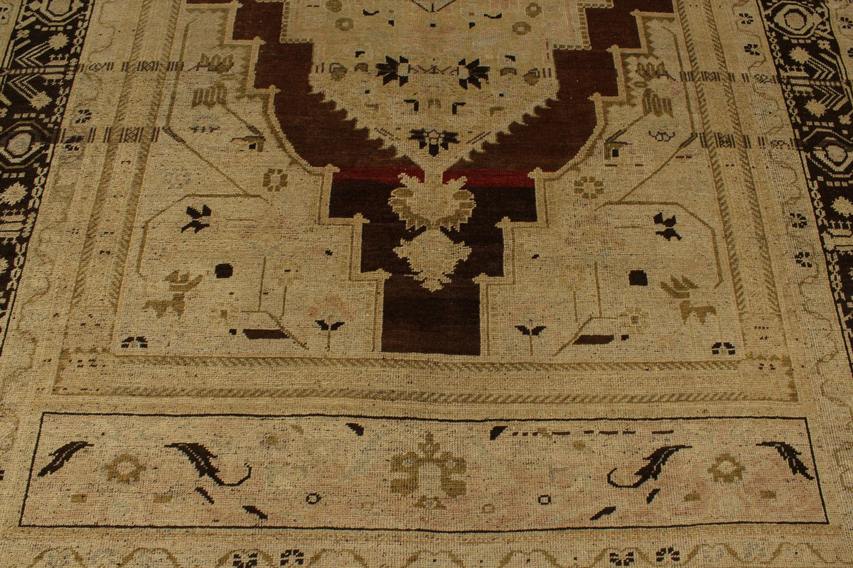 7x12 Ivory and Brown Turkish Tribal Rug