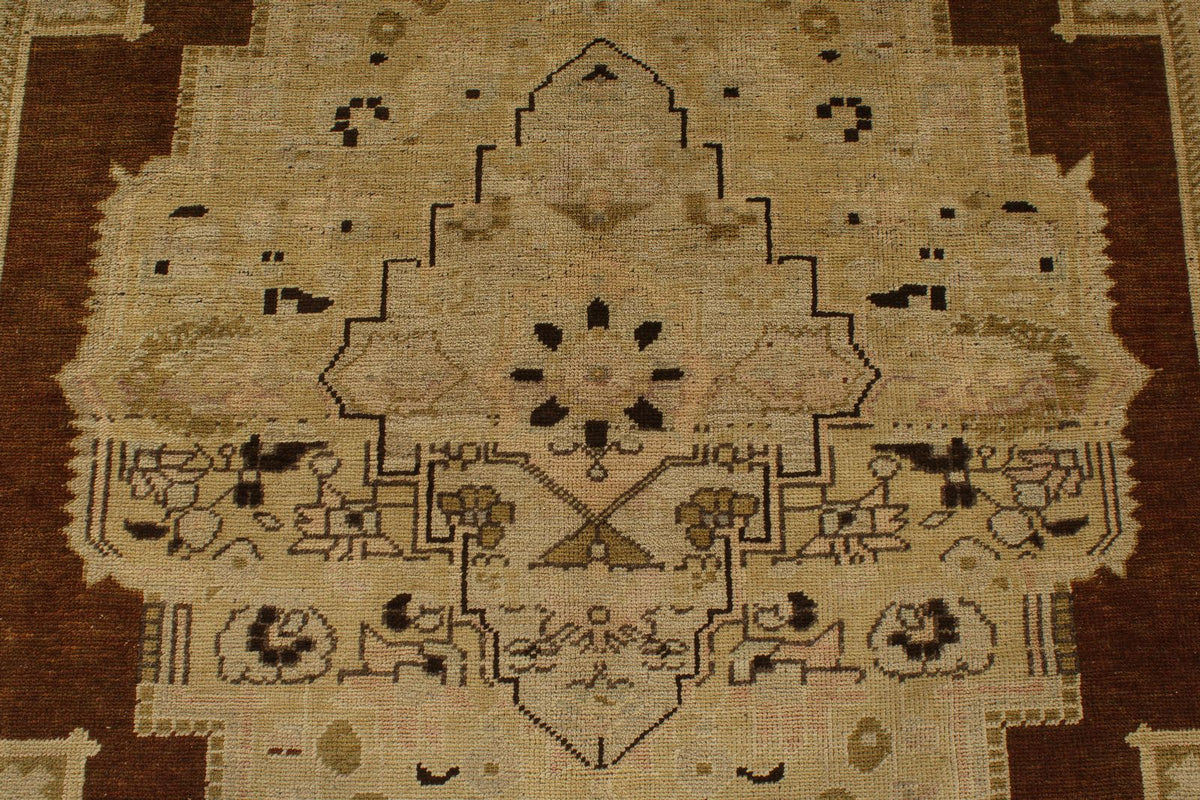 7x12 Ivory and Brown Turkish Tribal Rug