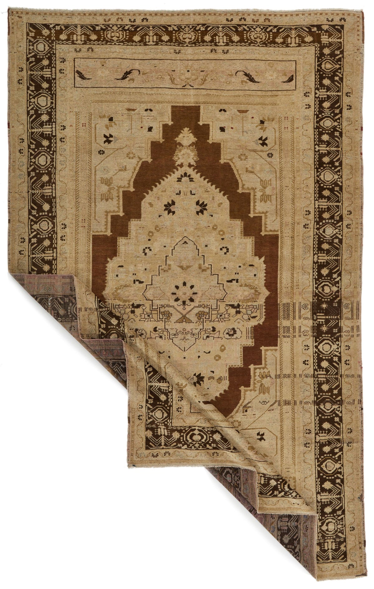 7x12 Ivory and Brown Turkish Tribal Rug
